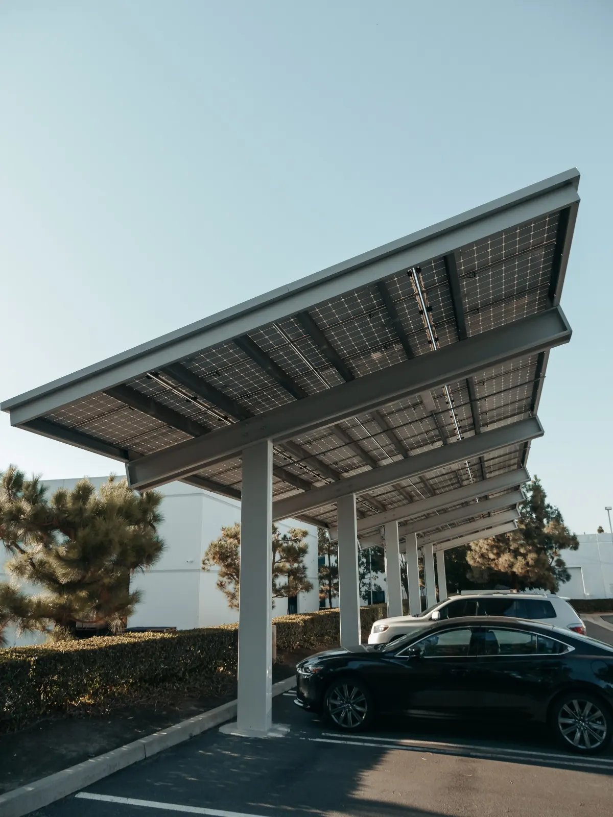A solar carport covering a parking area